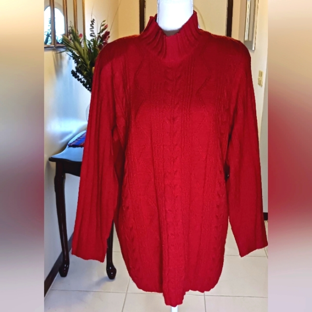 Women's Mock Turtle Neck Cable Stitch Swrater. Red.  Plus Size